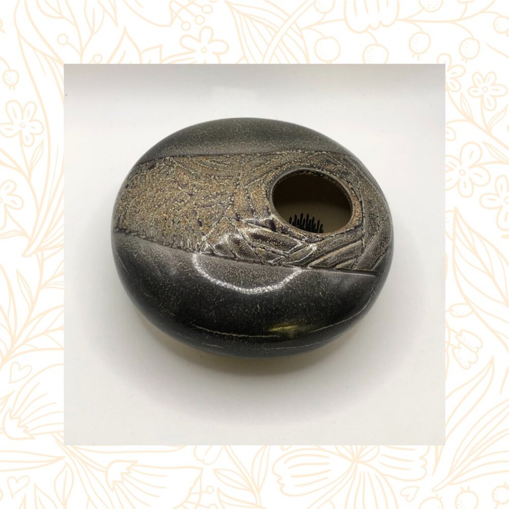 Studio Art Pottery Ikebana with Metal Flower Frog